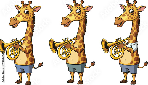 Funny cartoon giraffe character playing trumpet musical instrument wearing shorts and shirt, cute animal illustration for music, education, entertainment designFunny cartoon giraffe char