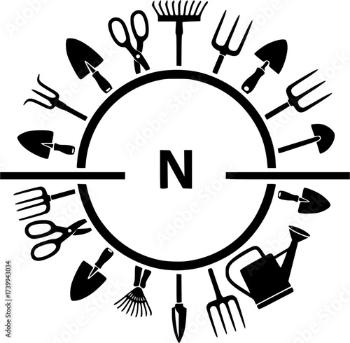 Garden split monogram frame, Garden tools monogram, Garden tools monogram, Gardening tools logo, Garden split monogram vector