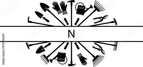Garden split monogram frame, Garden tools monogram, Garden tools monogram, Gardening tools logo, Garden split monogram vector