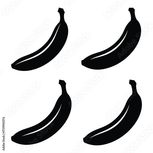 Four silhouette banana icons set fresh tropical fruit healthy food element collection abstract minimalist design graphic asset silhouette
