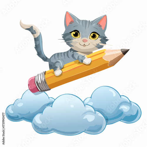 Adorable cartoon cat soaring through the sky on a giant pencil, a whimsical illustration of imagination and creativity