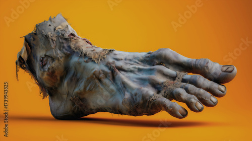 A scary and gruesome mummy or zombie foot for Halloween, a decaying and mummified limb from an ancient undead creature, a realistic horror prop on an orange background, a concept of monsters and curse