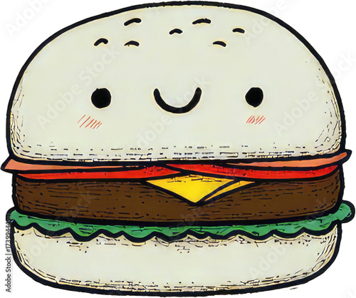 Cute Cartoon Burger with Smiling Face and Delicious Ingredients.
