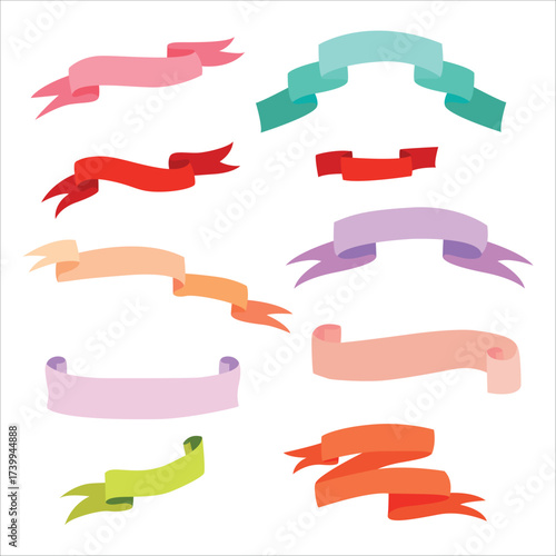 Set of Colored Ribbons for Decor. Bow, Award. Strip of Fabric. Silk. Stamp. Place for Inscription. Vector Illustration on White Background.
