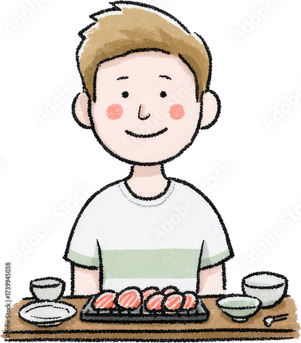 Young Man Enjoying Delicious Japanese Cuisine at Table.