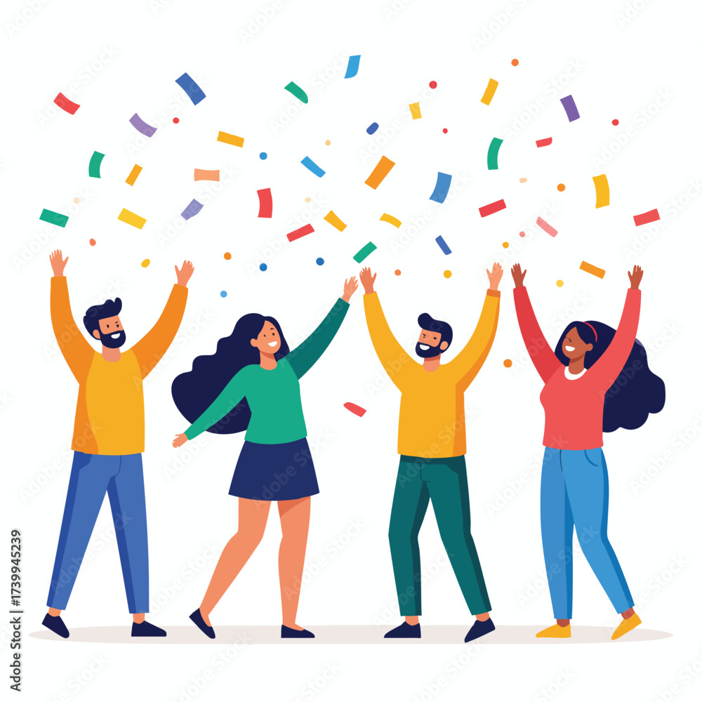 Obraz premium Four diverse people celebrating a happy moment with confetti falling from above, arms raised.