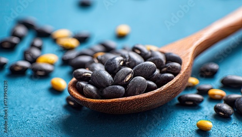 Wooden spoon overflowing with black beans and some yellow beans, scattered on blue surface