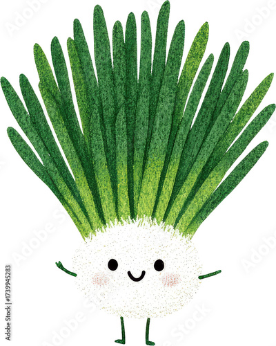 Cute Cartoon Green Onion with Smiling Face and Arms.