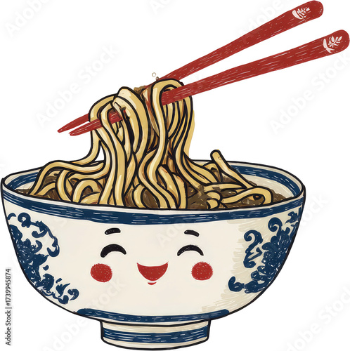 Delicious Noodles in a Cute Bowl with Chopsticks.