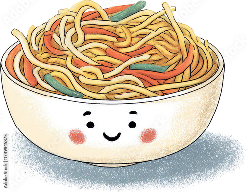 Delicious Noodles in a Cute Bowl with a Smiling Face.
