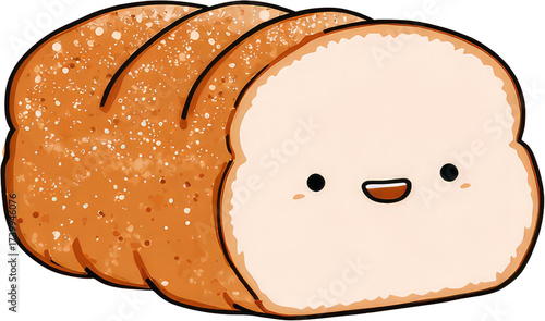 Cute Cartoon Bread Loaf with Smiling Face and Sliced Pieces.