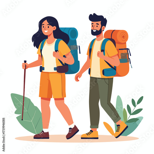Two hikers, a man and a woman, are walking with backpacks and a hiking stick in a natural setting.