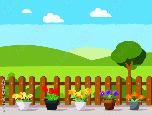 Charming garden scene vector illustration with wooden fence potted flowers and rolling green hills