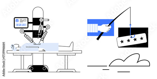 Surgical robot performing procedure, phishing hand baiting password. Ideal for healthcare, technology, cybersecurity, innovation, AI, risk data privacy themes. Simple flat metaphor
