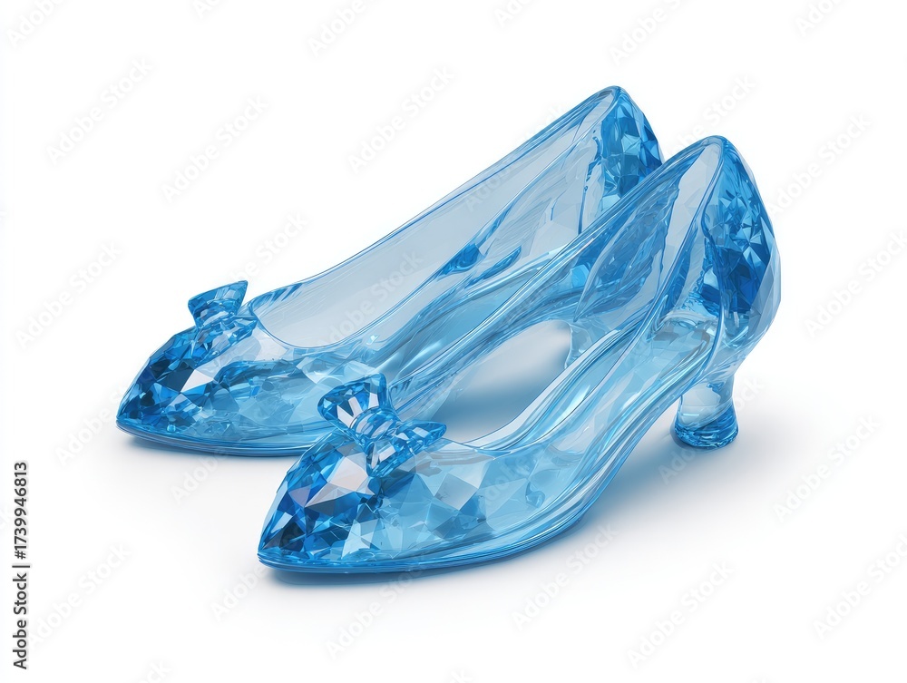 Fototapeta premium Pair of translucent, light-blue, crystal-like shoes. Small, pointed toes. High, slightly-curved heels. Bow detail on top. Isolated on white background