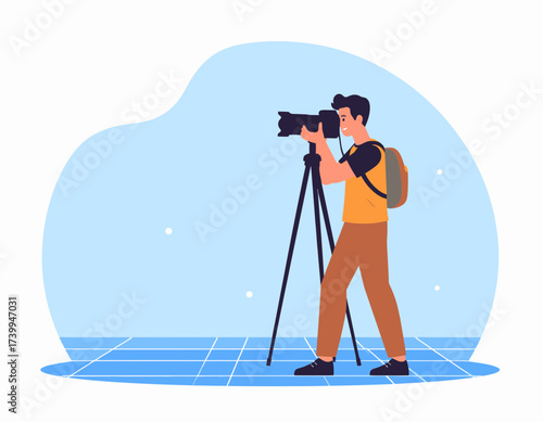 Illustration of a photographer using a tripod to take a picture, wearing a backpack and casual clothes.
