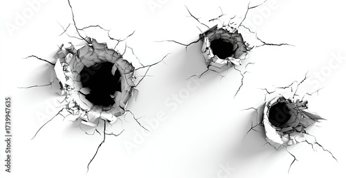 Three bullet holes in a cracked white surface