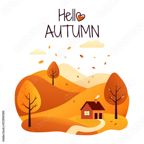 Autumn Fall Landscape with Cozy Cottage and Falling Leaves — Vector Illustration of Scenic Hills, Orange and Yellow Trees, Seasonal Nature Background, Rural Countryside Design in Warm Colors