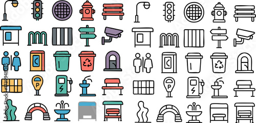 Urban Public Infrastructure and Street Elements Icon Set.