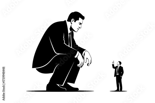 A giant businessman squats down to listen to a small businessman's idea, a corporate metaphor