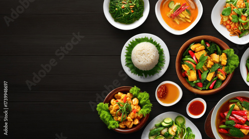 An overhead shot showcases an assortment of vibrant and flavorful Asian dishes arranged on a dark wooden surface, creating an inviting culinary presentation.