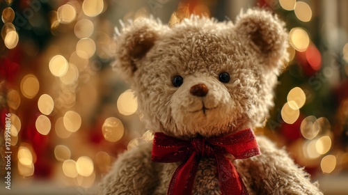 Teddy bear with a red Christmas bow against a Christmas tree and bokeh lights background. Christmas gift concept.