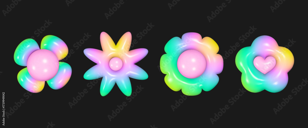 Naklejka premium Bright glossy 3D shapes in iridescent pastel and neon colors create a whimsical retro-futuristic collection on a solid black background.