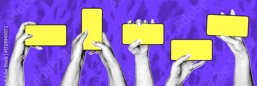 Hands holding devices with blank yellow screens create a dynamic collage against a vibrant purple backdrop in a bold pop-art style