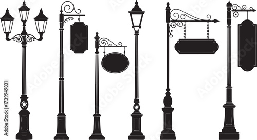 Ornate street lamps and hanging signs silhouettes black and white