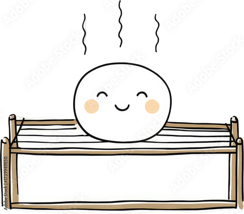 Happy dumpling character relaxing in a wooden bath steam rising.