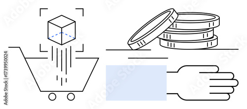3D cube added to shopping cart, coins stacked beside extending hand for exchange. Ideal for e-commerce, technology, innovation, trade, online shopping, digital payment, simple flat metaphor