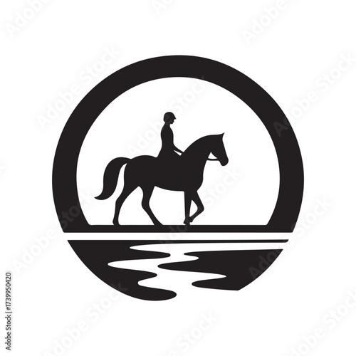 horse and rider on beach vector silhouette clip art logo design illustration