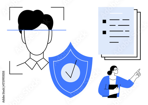 Facial scan icon, shield with check mark, document stack, professional figure pointing. Ideal for identity verification, biometric authentication, cybersecurity, technology, compliance privacy data