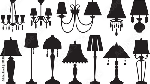 Assorted lamps and chandeliers silhouettes lighting decorative