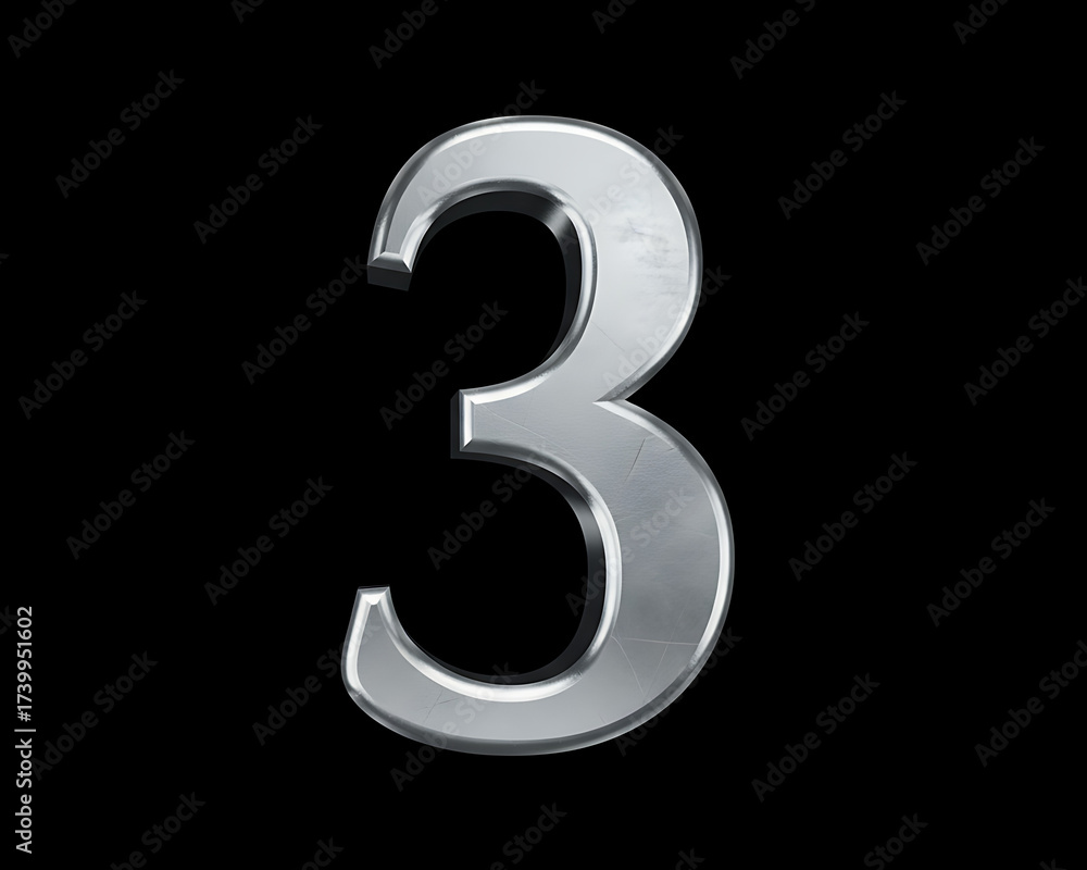 Naklejka premium Silver number 3 on black background. Luxury metallic number 3 on black background