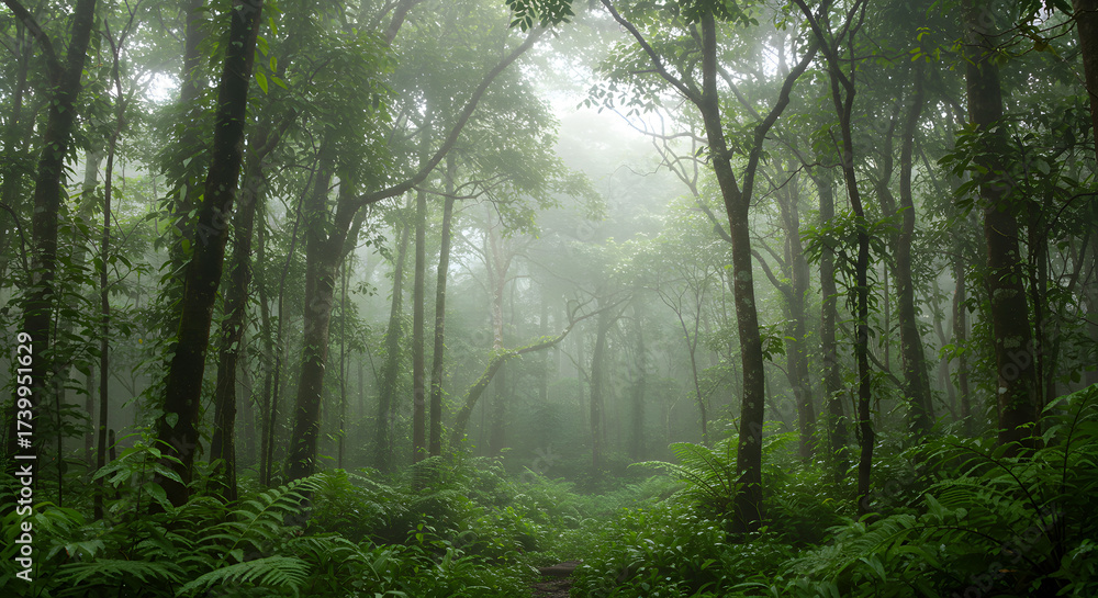 Obraz premium Misty Forest Landscape with Green Ferns and Trees