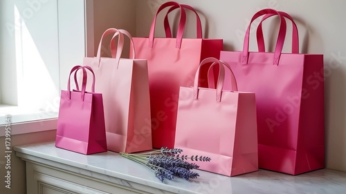 A collection of different sizes of hot pink shopping bags, on a white marble countertop near a window with soft, diffused light.