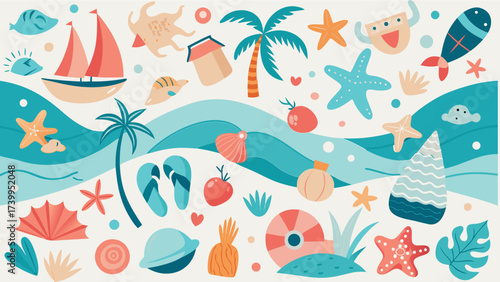 A whimsical ocean-themed illustration scattered with coastal items on a white background.