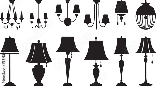 Various black silhouettes of chandeliers and lamps floor lamp table lamp