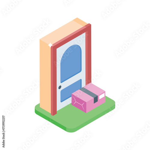 Creatively designed isometric icon of a package delivery at the front door.