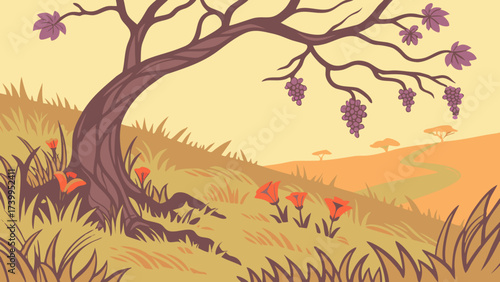Creeping purple grape vein covering the soil amid African spring wildflowers isolated on grassy orange back-view