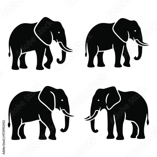 Four silhouette elephants majestic african wildlife animal collection representing strength and grandeur in a clean simple design silhouette