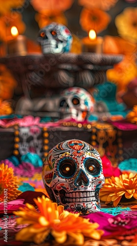 Colorful decorative skulls with vibrant flowers and candles for cultural celebration atmosphere