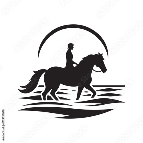 horse and rider on beach vector silhouette clip art logo design illustration