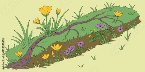 Creeping purple grape vein covering the soil amid African spring wildflowers isolated on grassy green back-view