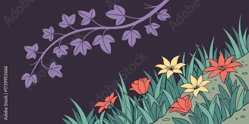 Creeping purple grape vein covering the soil amid African spring wildflowers isolated on grassy dark back-view