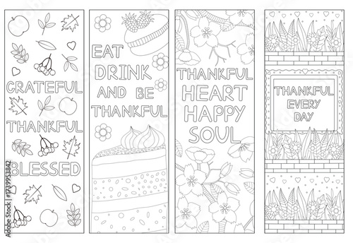 Hand Drawn Thanksgiving Bookmarks Set – Gratitude, Thankful Quotes, Floral and Autumn Designs, Printable Coloring Pages