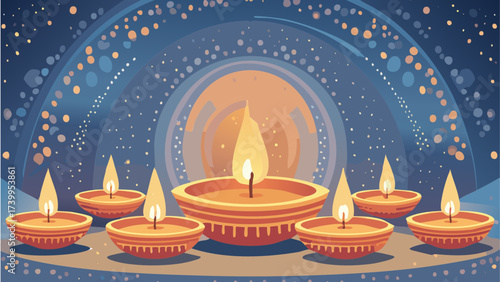 Illustration of several lit candles arranged in a row with a decorative blue background design art