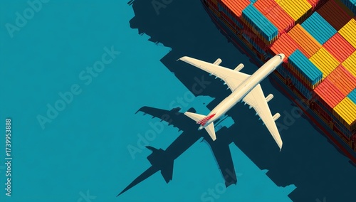 Overhead view; plane casting shadow over water, near cargo ship loaded with colorful containers