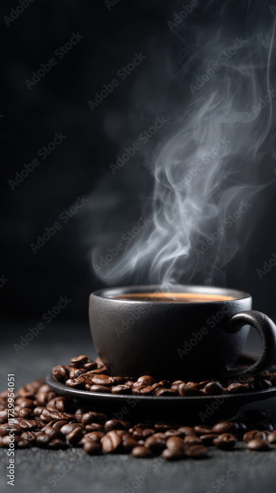 Fototapeta premium Steaming hot coffee cup with beans around creating cozy atmosphere